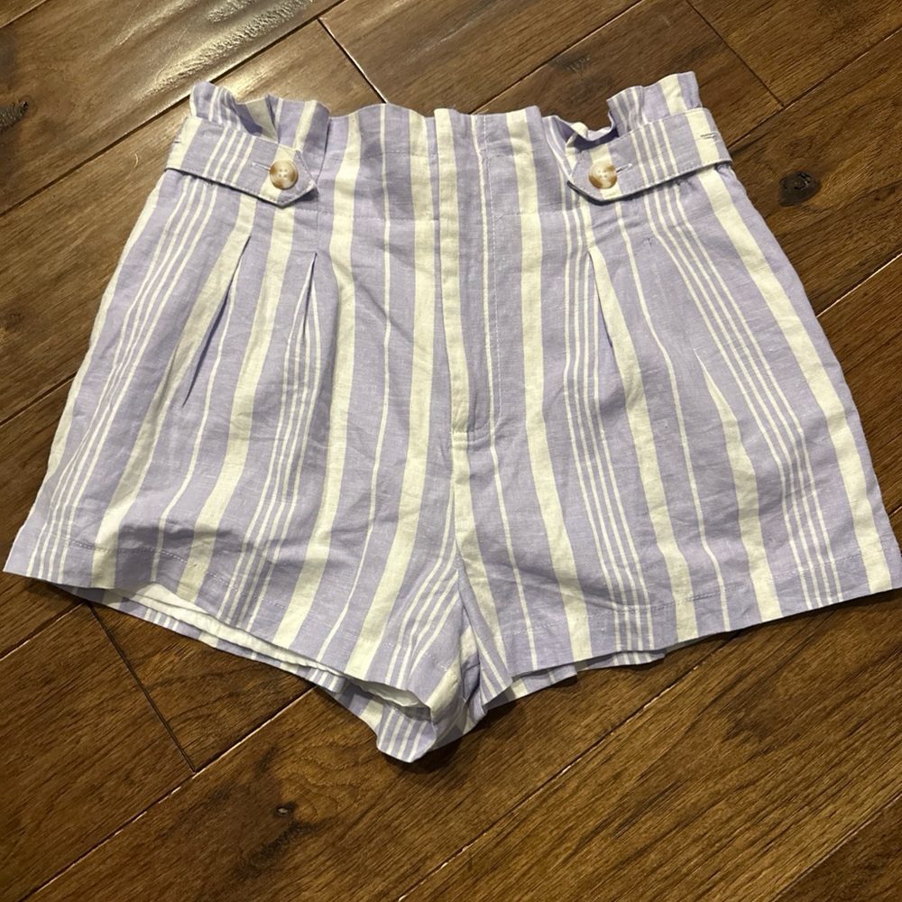 NWT Forever 21 Linen Blend High Waist Lavender Striped Lined Shorts Button Large